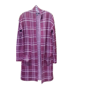 RW & Co Burgundy Plaid Open Cardigan 36" Long EUC